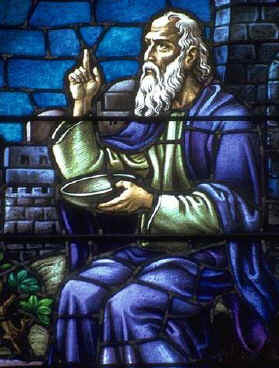 Détail d'un vitrail de la Cathédrale de Gresse-En-Vercors représentant l'Abbé dans un des ses prêches enflammés